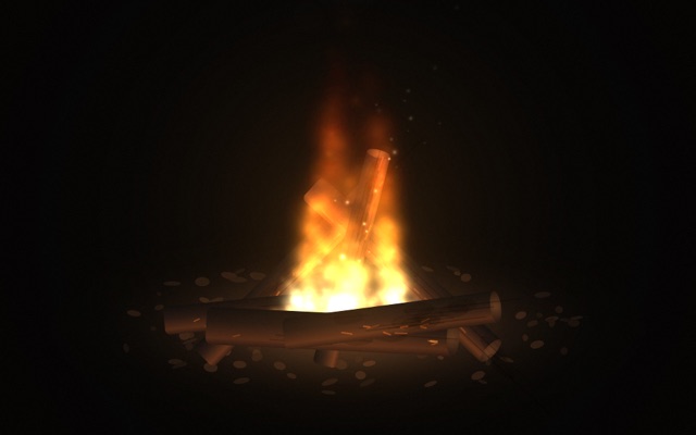 bonfire, a burning pyre of logs in the dark