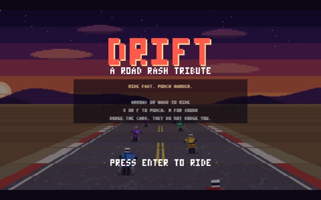 drift, a Road Rash tribute, title screen on a dusk highway
