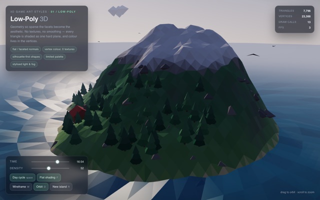 Low-Poly Island, faceted 3D island in WebGL2
