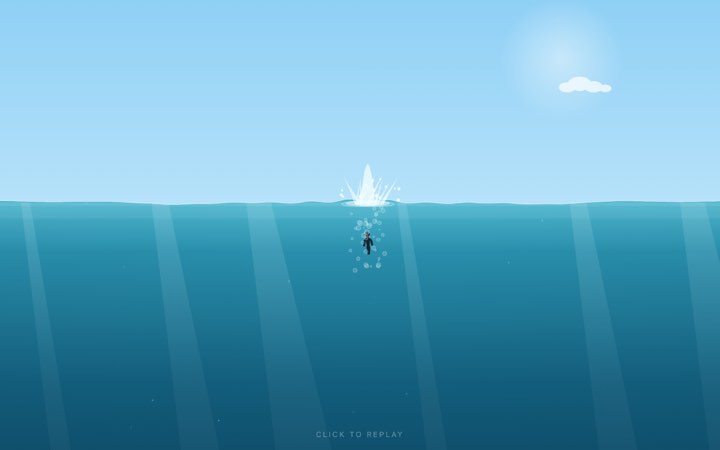 Smooth vector illustration of a figure sinking below a splash, with light shafts in teal water