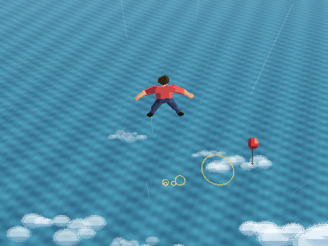 Pixel-art view from behind a skydiver high over the sea, with a gold ring and a red balloon on the course below