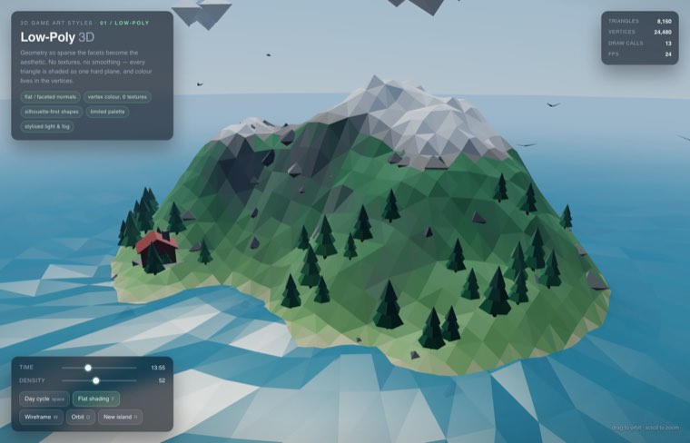 Low-poly 3D island with faceted green slopes, snow cap, pine trees and a cabin