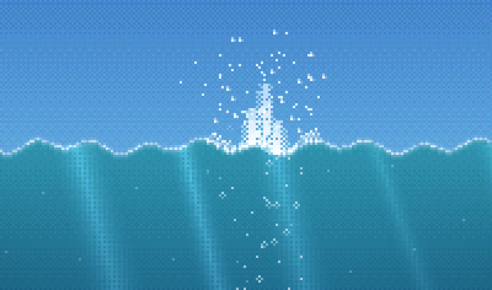 Pixel-art water splash with a dithered blue sky above and foam along the wavy surface