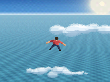 Pixel-art third-person view from behind a skydiver falling toward a wide blue sea, with a cloud deck below and a low sun